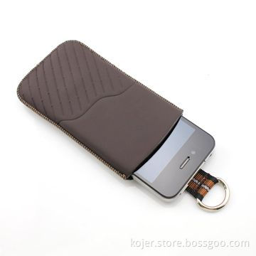 Leather Mobile Phone Pouch for Apple's iPhone 4 with Retractable Pull-tab and Embossed Pattern